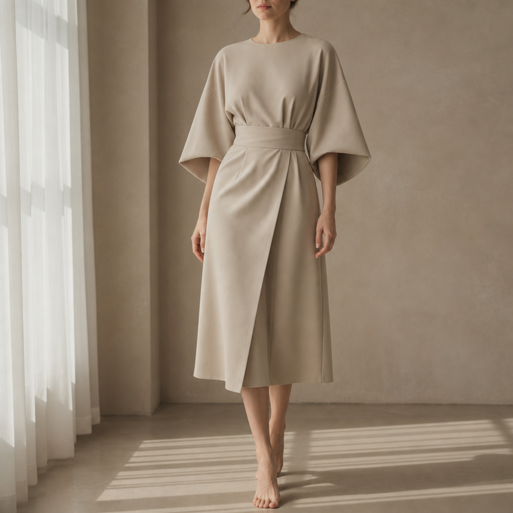 Vieste Belted Lantern Sleeve Dress in Beige