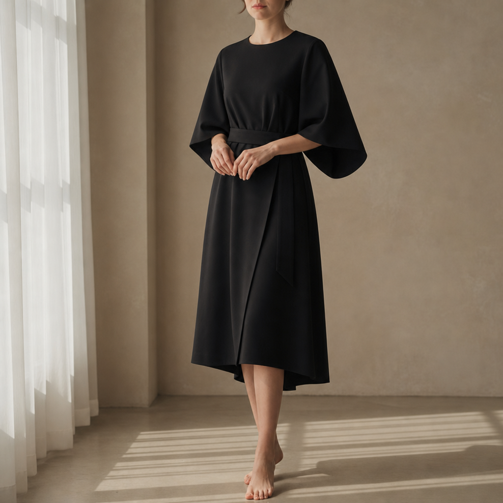 Vieste Belted Lantern Sleeve Dress in Black