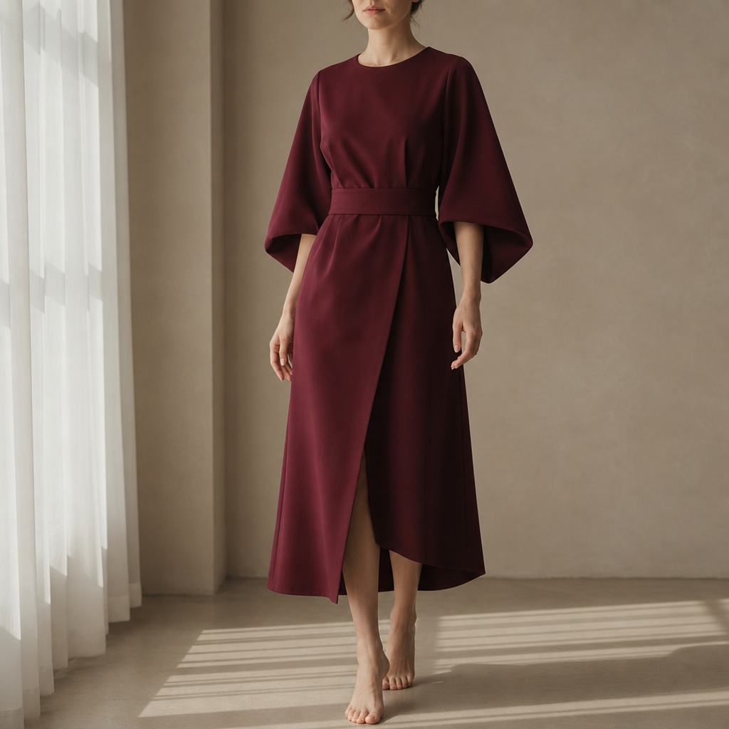 Vieste Belted Lantern Sleeve Dress in Bordeaux