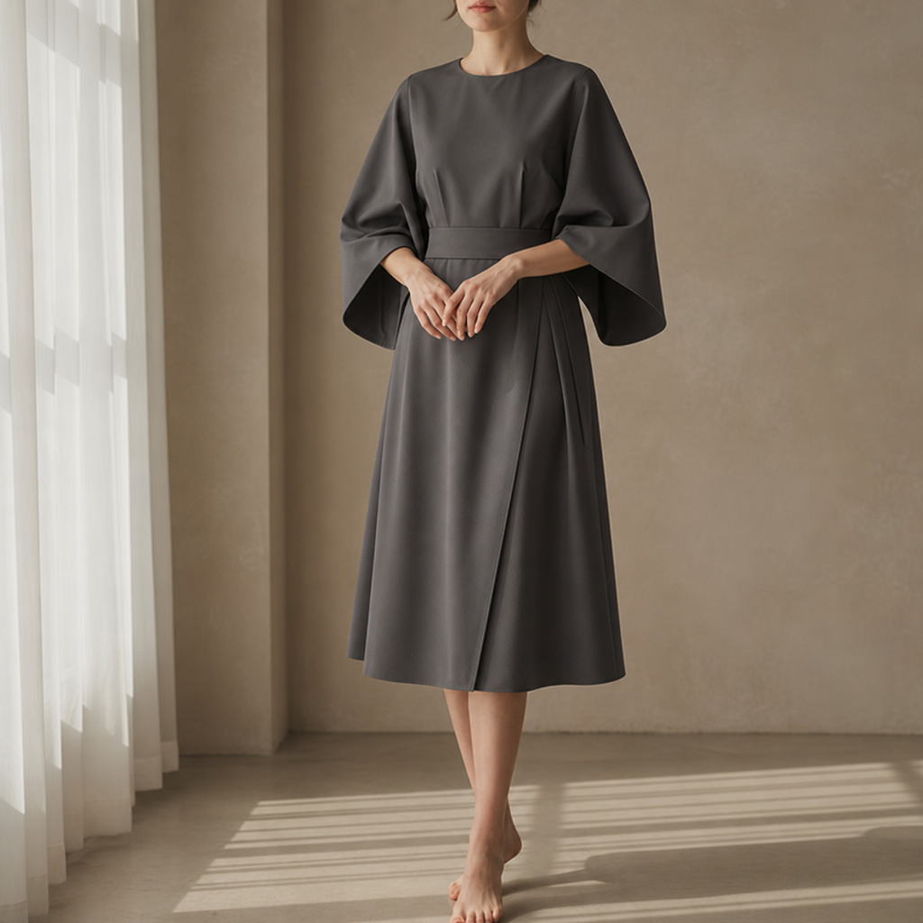 Vieste Belted Lantern Sleeve Dress in Gray