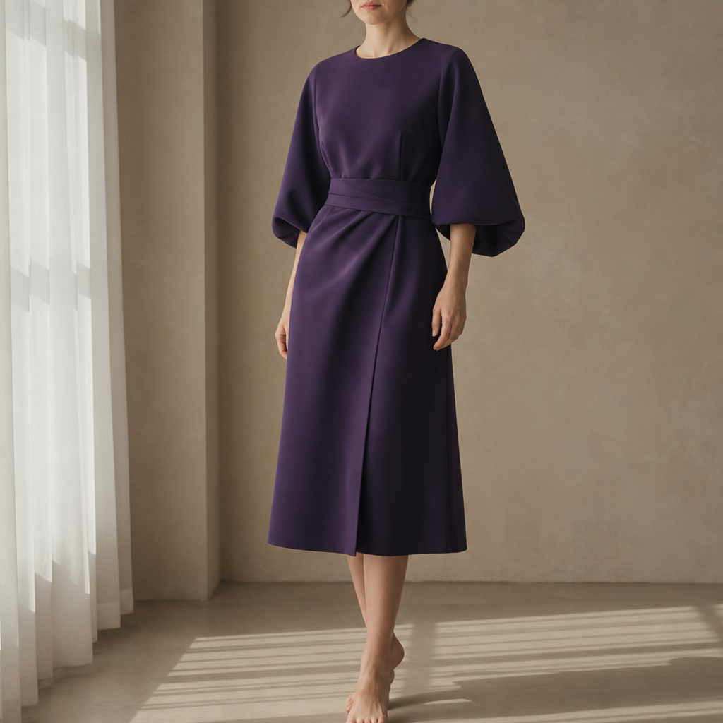Vieste Belted Lantern Sleeve Dress in Violet
