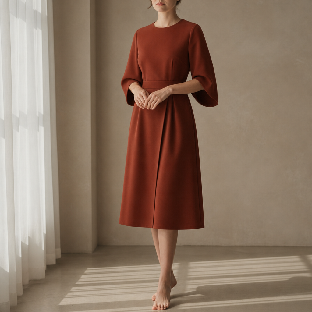 Vieste Belted Lantern Sleeve Dress in Rust Brown