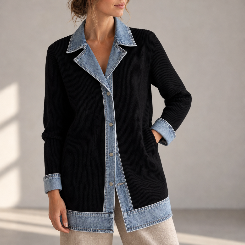 Vieste Denim Trim Cardigan Jacket in Black