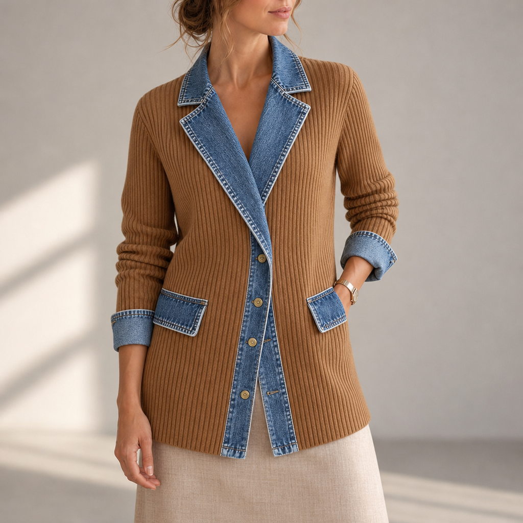 Vieste Denim Trim Cardigan Jacket in Khaki