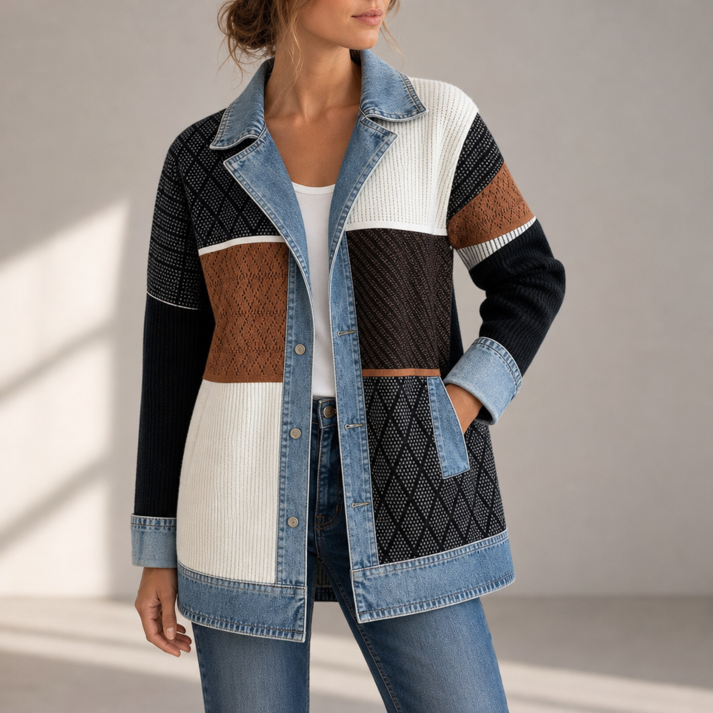 Vieste Denim Trim Cardigan Jacket in Multicolor