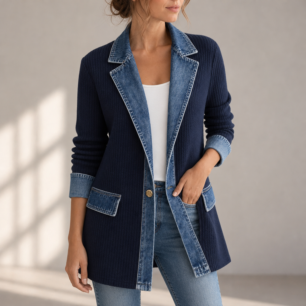 Vieste Denim Trim Cardigan Jacket in Navy Blue