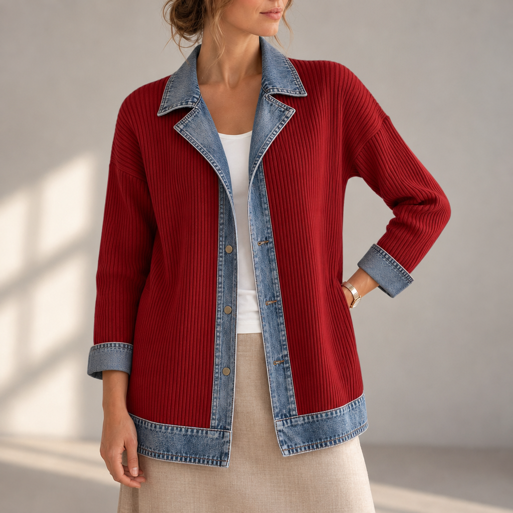 Vieste Denim Trim Cardigan Jacket in Red