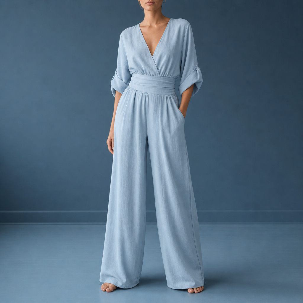Volterra Wide-Leg Wrap Jumpsuit in Sky Blue